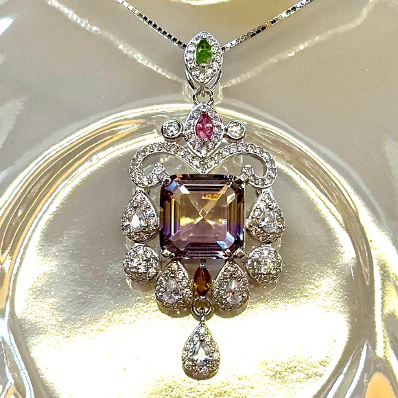NAM12 4.7CT PREMIUM QUALITY OMBRÉ Ametrine &0.21CTRAINBOWTourmaline Pendant S925